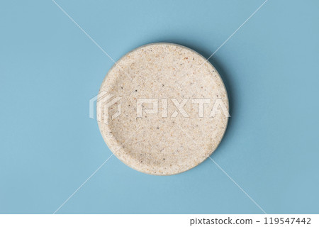Round Podium on Blue Background. Natural Marble Pedestal. Eco Beauty Product Mockup promotion. Scene to Show. Stone Showcase, Display Case. Top View Soft Shadow Flat Lay. Trendy Cian Color Space. Spa 119547442