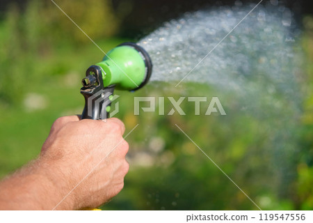 Gardener with a watering hose. Person spraying green grass lawn with hose sprayer. Irrigation with water, sunny day. Garden sprinkler in action. Landscaping. Gardening, waters, growing and plants care Gardener with a watering hose. Person spraying green grass lawn with hose sprayer. Irrigation with water, sunny day. Garden sprinkler in action. Landscaping. Gardening, waters, growing and plants care 119547556
