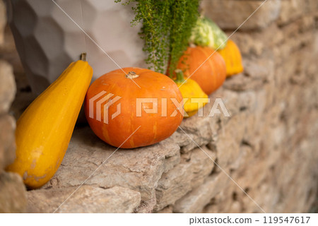 Home entrance decorated for autumn. Pumpkins with flowers rustic decoration outdoors. Stylish autumnal decor of exterior building. Old rural house. Fall season outside decoration for the Halloween. 119547617