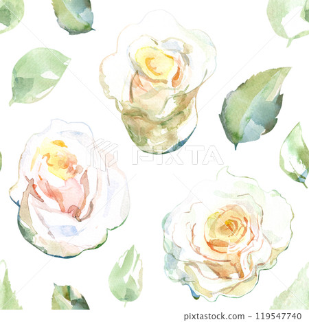 Seamless pattern of white roses with green leaves in collection garden flowers. Watercolor illustration for floral design of fabrics, kitchen towel, textiles, weaving, wallpaper, wrapping paper. Hand 119547740