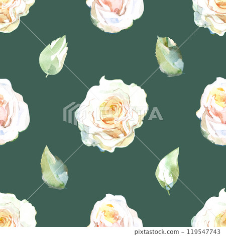 Seamless pattern of white roses with green leaves in collection garden flowers. Watercolor illustration for floral design of fabrics, kitchen towel, textiles, weaving, wallpaper, wrapping paper. Hand 119547743