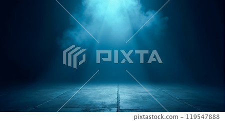 product placement presentation Blue spotlight on dark stage for dramatic product reveal, atmospheric presentation background with focused lighting, empty space for showcasing items 119547888