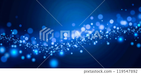 Sparkling blue bokeh lights on gradient background, abstract twinkling light particles, festive shimmering backdrop for holiday designs, serene and magical atmosphere 119547892