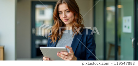Young businesswoman using tablet in modern office environment. Professional woman working on digital device, focused and confident, wearing formal business attire, indoor office setting 119547898