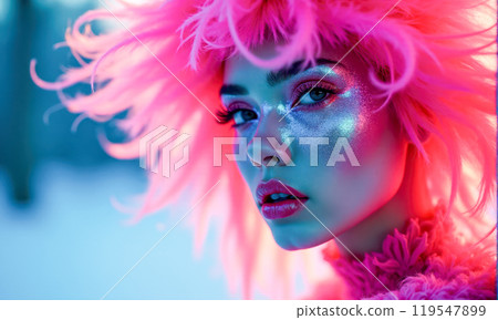 Fashion beauty photography bright makeup young female model vivid pink feathers blurred blue backdrop. bold look high fashion portrait colorful creative expression trendy accessory artistic shot 119547899