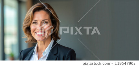 Confident businesswoman smiling in bright office environment short hair professional attire standing against plain background looking at camera corporate leadership concept Confident businesswoman smiling in bright office environment short hair professional attire standing against plain background looking at camera corporate leadership concept 119547902