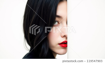 Side profile beauty shot of young female model, minimalist fashion look, half of face shown with ample white copy space for text in advertising and promotional materials 119547903