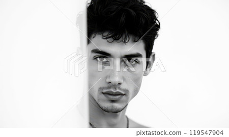 Black and white close-up portrait of young man with curly hair, intense gaze, and defined facial features. Fashion-style image with minimalist background, perfect for editorial or promotional use Black and white close-up portrait of young man with curly hair, intense gaze, and defined facial features. Fashion-style image with minimalist background, perfect for editorial or promotional use 119547904
