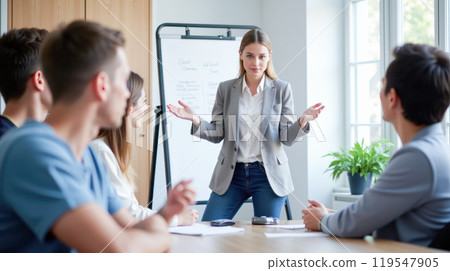 Young female business coach leading corporate training session, professional development workshop with engaged employees in modern office seminar room. Young female business coach leading corporate training session, professional development workshop with engaged employees in modern office seminar room. 119547905