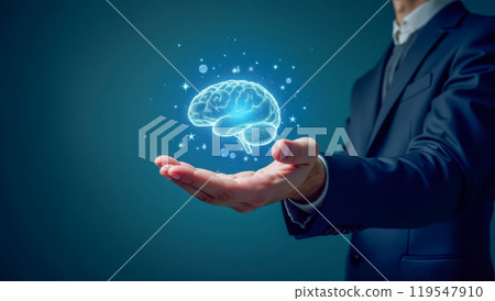 Businessman Holds Hologram Brain AI, AI Role in Business, Futuristic Concept of Corporate Strategy, Digital Transformation, Innovation, Data Analysis, Smart Solutions 119547910