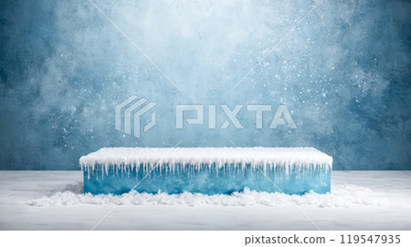 Winter product display platform with hanging icicles on snowy ground, showcasing holiday items or cold weather merchandise in seasonal context Winter product display platform with hanging icicles on snowy ground, showcasing holiday items or cold weather merchandise in seasonal context 119547935