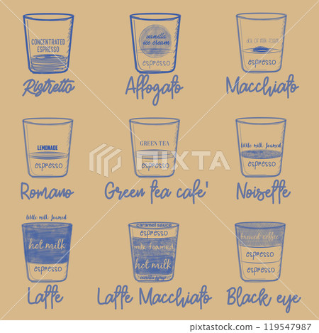 Different coffee in vintage style drawing with blue ink stamp on the craftboard. 119547987