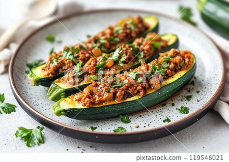 Stuffed zucchini halves with seasoned meat and fresh herbs served on a rustic plate. Generative AI 119548021