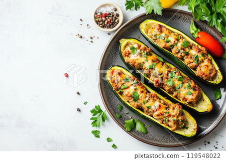 Delicious stuffed zucchini boats with ground meat and herbs served on a rustic plate, garnished with 119548022