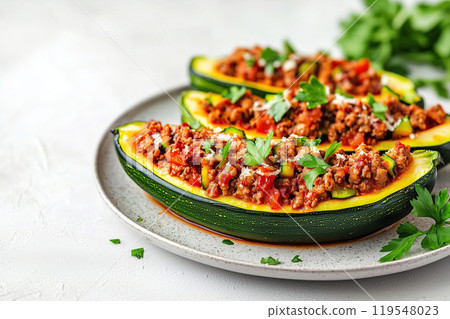 Stuffed zucchini boats filled with seasoned ground meat and vegetables on a plate garnished with 119548023