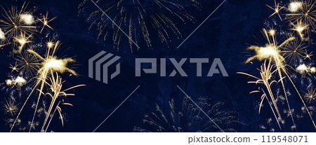 Fireworks of various colors burst on blue background with copy space 119548071