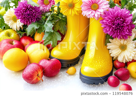 Colorful display of fruits and flowers in sunny garden with yellow rubber boots and vibrant blooms 119548076