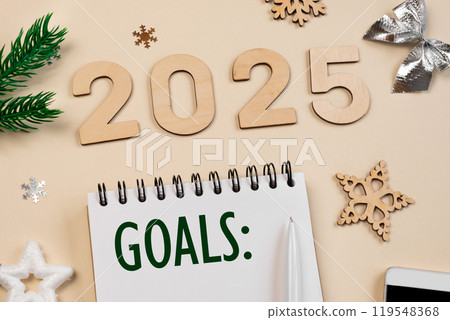 New Year Aims 2024. To Do List. Empty Notebook at the Desk with Holiday Decoration. Top view. Creating Plan, Resolution. New Life, Start Up, Beginning Concept. Business ideas. Goals, action, checklist 119548368