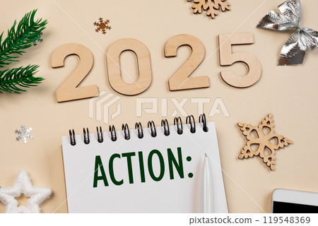 New Year Aims 2024. To Do List. Empty Notebook at the Desk with Holiday Decoration. Top view. Creating Plan, Resolution. New Life, Start Up, Beginning Concept. Business ideas. Goals, action, checklist 119548369