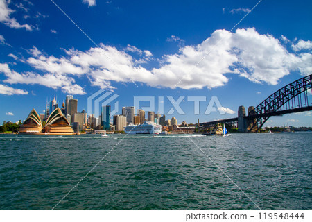 Sydney Harbour Bridge and the World Heritage Opera House from the opposite shore in New South Wales, Australia 119548444