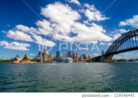 Sydney Harbour Bridge and the World Heritage Opera House from the opposite shore in New South Wales, Australia 119548445