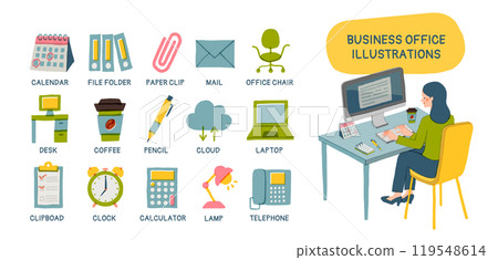 Business people working on computers and office icon set Business people working on computers and office icon set 119548614