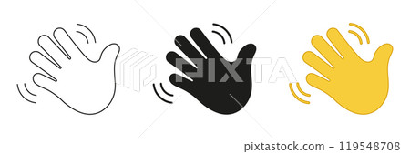 Waving Hand Emoji Icon. Friendly Greeting Line and Silhouette Sign. Gesture of Hello or Goodbye Symbol. Editable Stroke. Isolated Vector Illustration Waving Hand Emoji Icon. Friendly Greeting Line and Silhouette Sign. Gesture of Hello or Goodbye Symbol. Editable Stroke. Isolated Vector Illustration 119548708