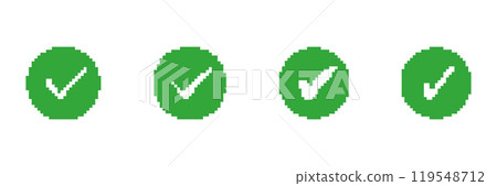 Pixelated Green Check Mark Icons Set. Approval or Success Symbols in Pixel Art Style Collection. Isolated Vector Illustration Pixelated Green Check Mark Icons Set. Approval or Success Symbols in Pixel Art Style Collection. Isolated Vector Illustration 119548712