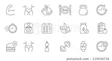 Workout, Fitness and Health Line Icons for Weight Loss and Diet Tracking. Health Care, Metabolism, Calorie Management. Editable Stroke. Isolated Vector Illustration Workout, Fitness and Health Line Icons for Weight Loss and Diet Tracking. Health Care, Metabolism, Calorie Management. Editable Stroke. Isolated Vector Illustration 119548716