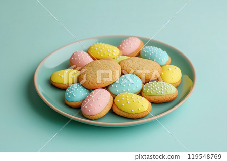 Colorful Easter cookies arranged on a teal plate, featuring pastel colors and decorative icing in Colorful Easter cookies arranged on a teal plate, featuring pastel colors and decorative icing in 119548769