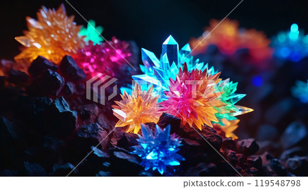 Cluster of colorful fantasy glowing crystals on black background Cluster of colorful fantasy glowing crystals on black background 119548798