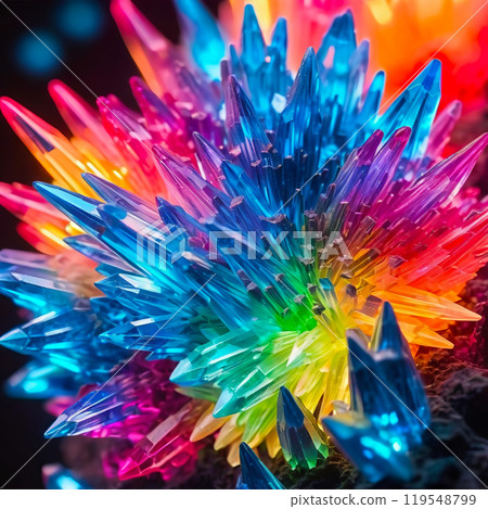 Cluster of colorful fantasy glowing crystals, close-up abstract bright multicolor background Cluster of colorful fantasy glowing crystals, close-up abstract bright multicolor background 119548799