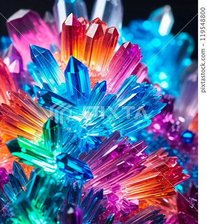 Cluster of colorful fantasy glowing crystals, close-up abstract bright multicolor background Cluster of colorful fantasy glowing crystals, close-up abstract bright multicolor background 119548800
