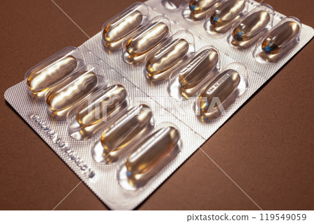 Transparent Omega-3 capsules in blister pack known for supporting heart health and overall wellness Transparent Omega-3 capsules in blister pack known for supporting heart health and overall wellness 119549059