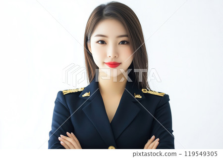 Confident woman in military-style uniform poses with arms crossed against a bright background 119549305