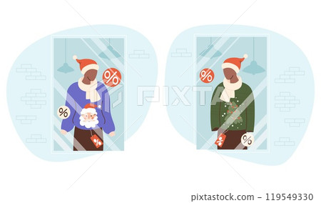 Showcase of New Year store. Mannequins in Santa hat, Christmas ugly sweater with tree with price tags. Holiday sale, shopping for gifts and clothes. Isolated festive Vector illustration 119549330