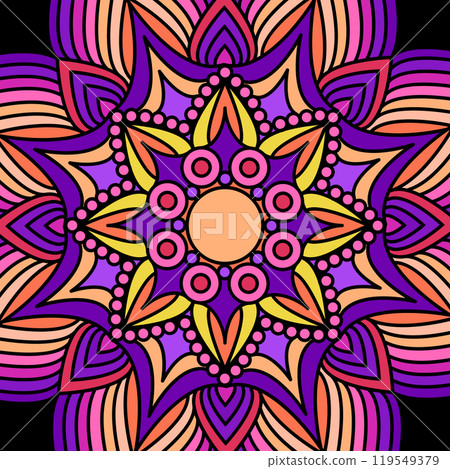 Colorful pattern. Symmetrical mandala-style ornament. Background template for decorating textiles, wallpapers, covers, interior and creative design Colorful pattern. Symmetrical mandala-style ornament. Background template for decorating textiles, wallpapers, covers, interior and creative design 119549379