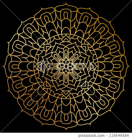A luxurious ornament. Symmetrical pattern in Tantric yoga of Buddhism and Hinduism. Golden mandala pattern. A design element for a creative idea 119549384