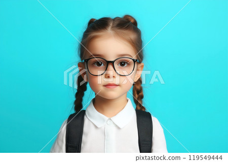Young girl with pigtails and glasses standing against a bright blue backdrop, ready for school Young girl with pigtails and glasses standing against a bright blue backdrop, ready for school 119549444