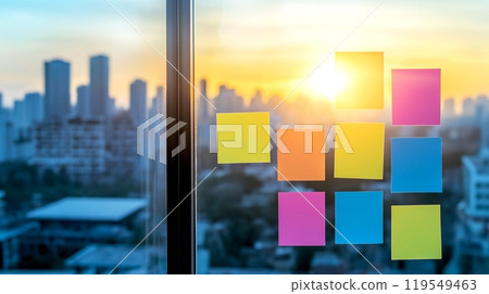 Closeup Blank colorful sticky notes glass wall. Prepare for workshop design thinking user experience designer. 119549463