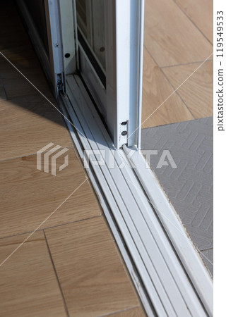 Dust on bottom sliding door sills and tracks, these areas need cleaning. Dust on bottom sliding door sills and tracks, these areas need cleaning. 119549533