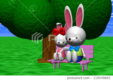 3D illustration Two rabbits sitting on a pink bench under a big tree in a meadow 119549663