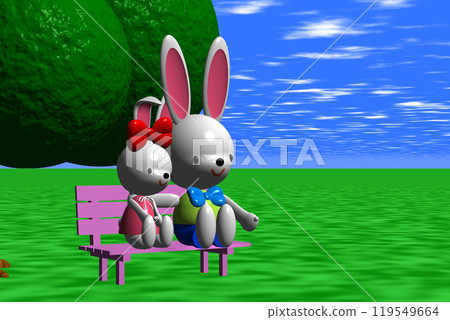 3D illustration Two rabbits sitting on a pink bench under a big tree in a meadow 119549664