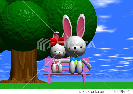 3D illustration Two rabbits sitting on a pink bench under a big tree in a meadow 3D illustration Two rabbits sitting on a pink bench under a big tree in a meadow 119549665