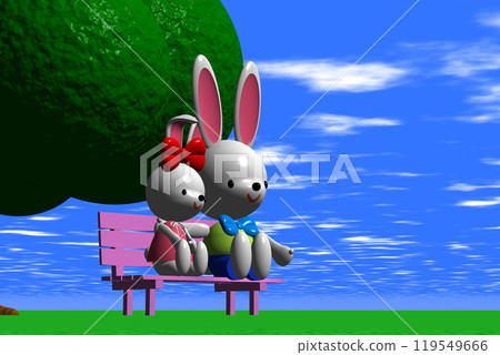 3D 插圖兩隻兔子坐在草地上一棵大樹下的粉紅色長凳上 119549666
