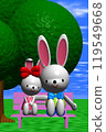3D illustration Two rabbits sitting on a pink bench under a big tree in a meadow 119549668