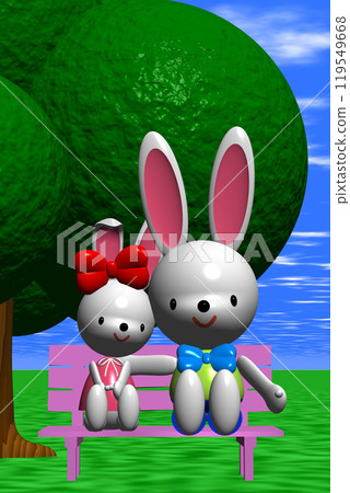 3D illustration Two rabbits sitting on a pink bench under a big tree in a meadow 119549668