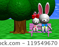 3D illustration Two rabbits sitting on a pink bench under a big tree in a meadow 119549670