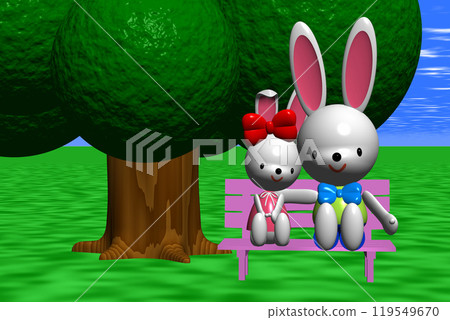 3D illustration Two rabbits sitting on a pink bench under a big tree in a meadow 119549670