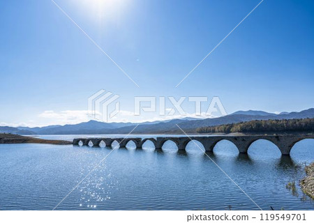 Taushubetsu River Bridge on the former Shihoro Line of the Japanese National Railways on a clear autumn day in Kamishihoro, Hokkaido 119549701
